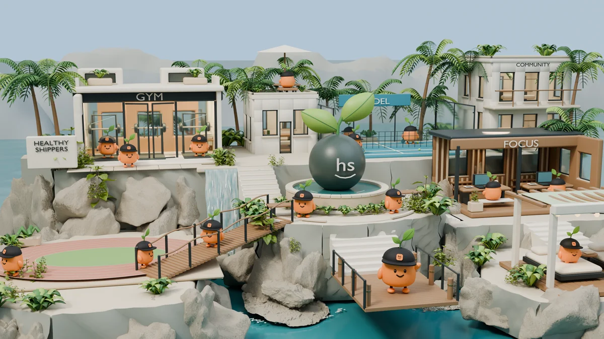 The spacious coastal Shipyard, with a gym, padel club, running track, workshop, quiet retreat and Robbin’s Pip on the dock. Inhabitants are illustrated.